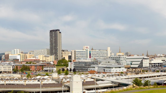 A picture of Sheffield taken from behind the train station, showing some of Sheffield Hallm Universities buildings